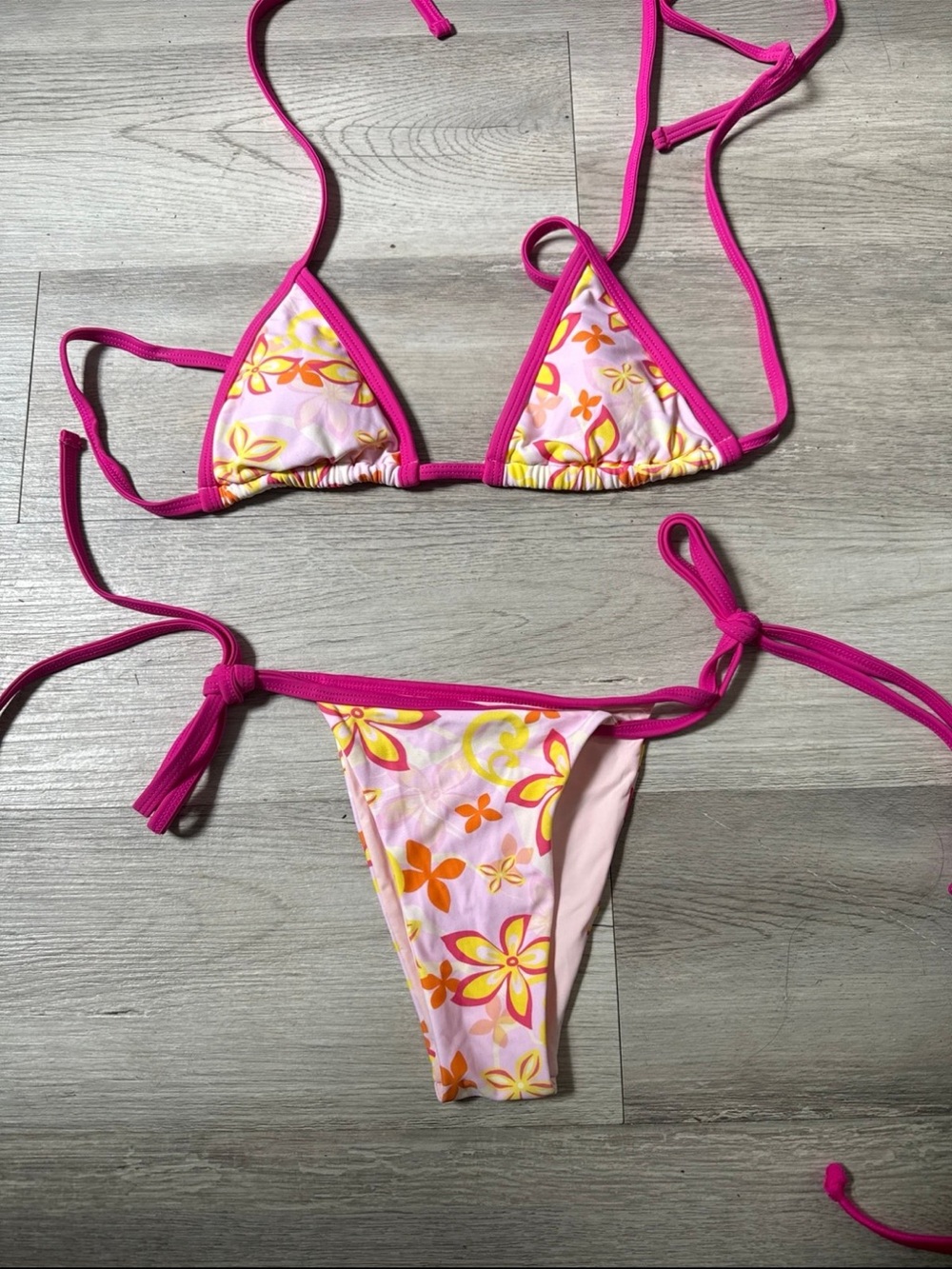 Blackbough Pink Floral Tie-Side Bikini with Hot Pink Trim